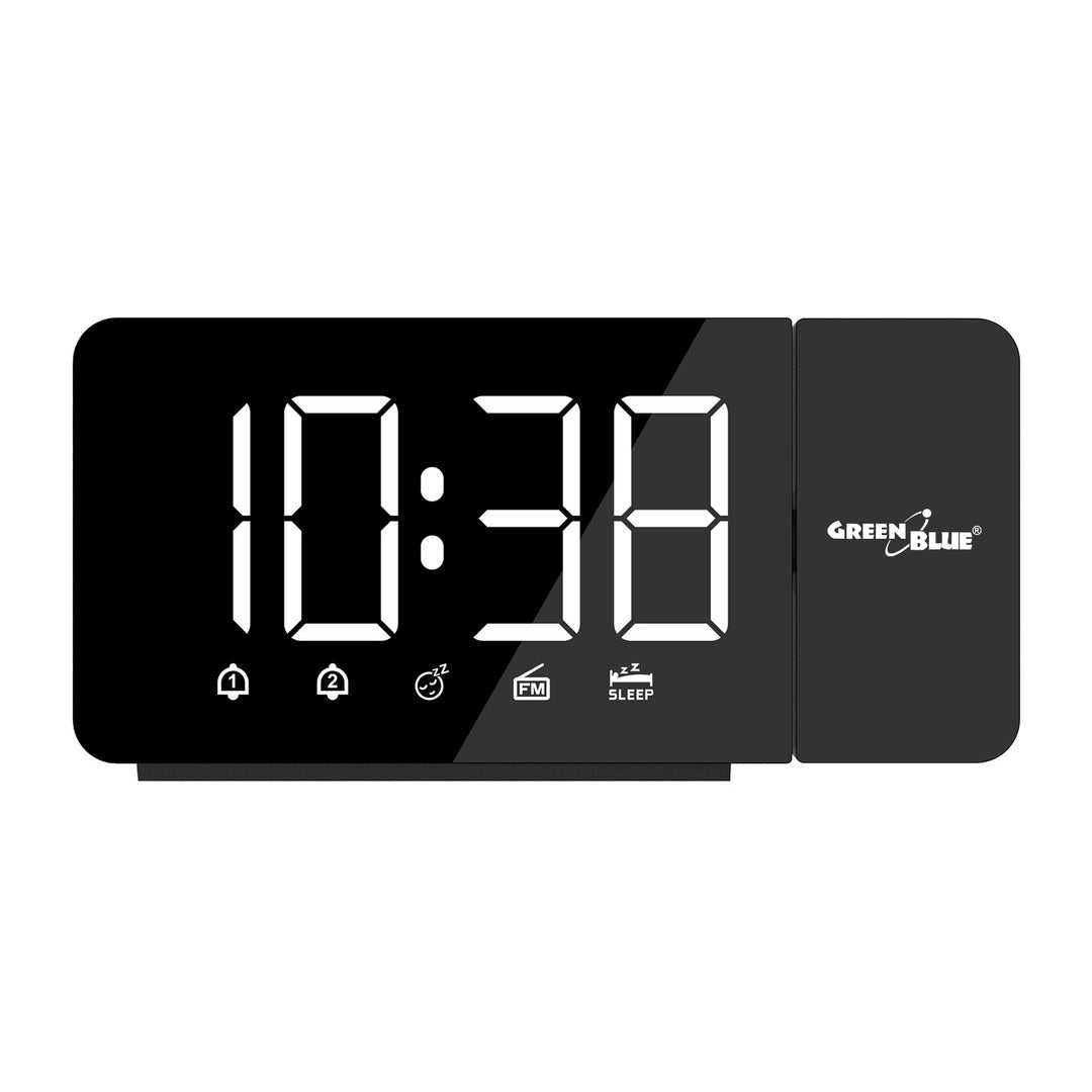 Digitális LED órarádió GreenBlue projektorral, FM rádióval, riasztóval, 12/24 órás kijelzővel, 5 V DC USB tápegységgel + CR2032, GB172