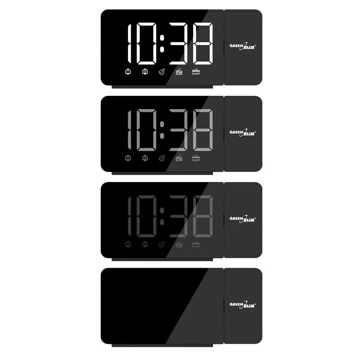 Digitális LED órarádió GreenBlue projektorral, FM rádióval, riasztóval, 12/24 órás kijelzővel, 5 V DC USB tápegységgel + CR2032, GB172