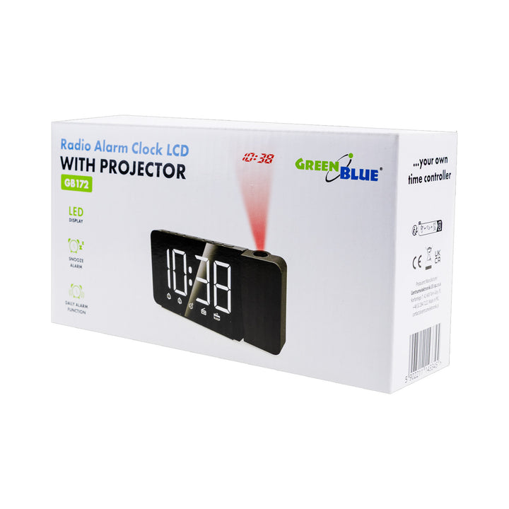 Digitális LED órarádió GreenBlue projektorral, FM rádióval, riasztóval, 12/24 órás kijelzővel, 5 V DC USB tápegységgel + CR2032, GB172