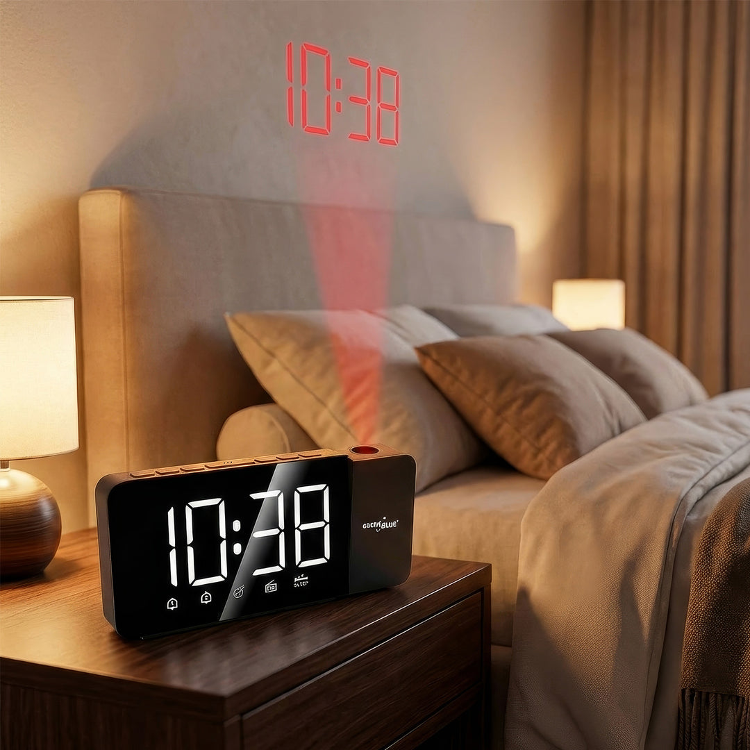 Digitális LED órarádió GreenBlue projektorral, FM rádióval, riasztóval, 12/24 órás kijelzővel, 5 V DC USB tápegységgel + CR2032, GB172