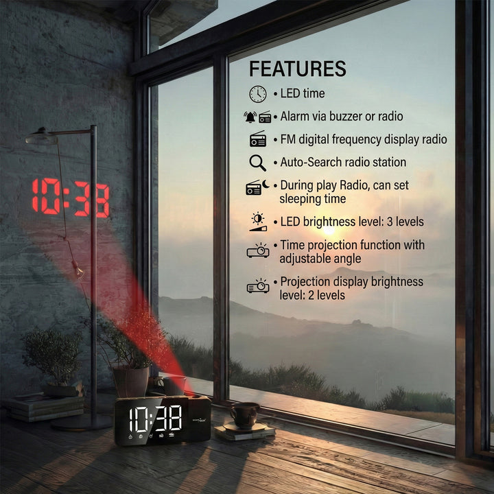 Digitális LED órarádió GreenBlue projektorral, FM rádióval, riasztóval, 12/24 órás kijelzővel, 5 V DC USB tápegységgel + CR2032, GB172