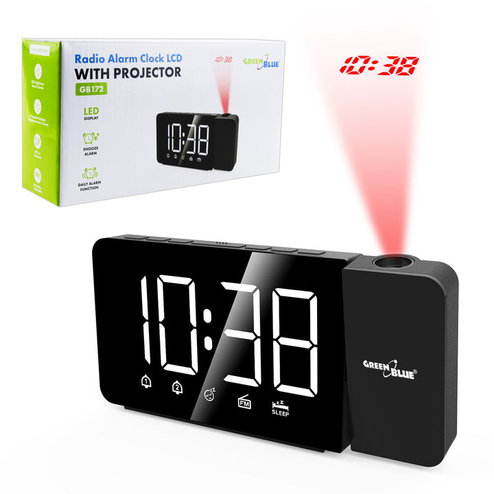 Digitális LED órarádió GreenBlue projektorral, FM rádióval, riasztóval, 12/24 órás kijelzővel, 5 V DC USB tápegységgel + CR2032, GB172