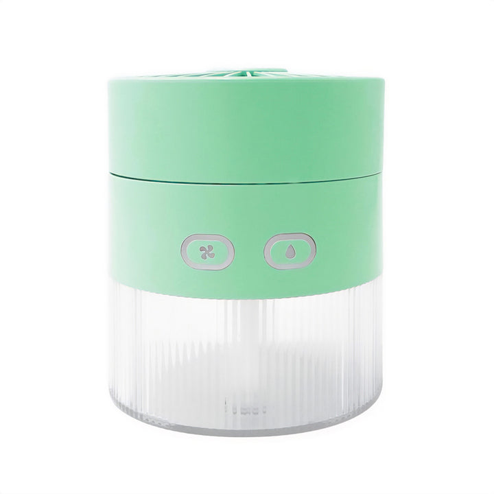 Asztali ventilátor levegő párásítással. Kapacitás 350ml. 40ml/h köd. USB-C tápegység.