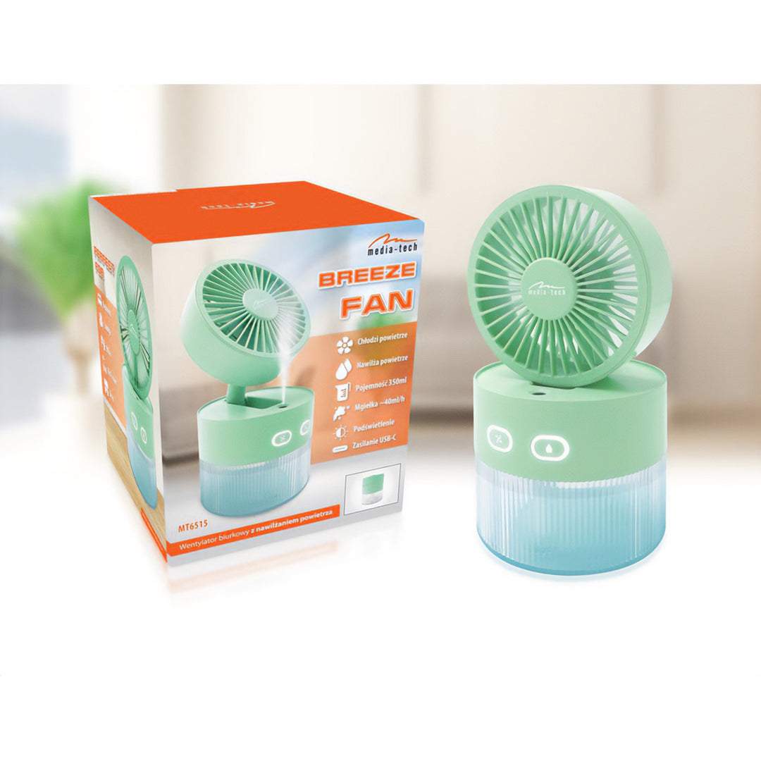 Asztali ventilátor levegő párásítással. Kapacitás 350ml. 40ml/h köd. USB-C tápegység.