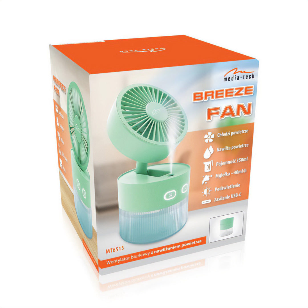 Asztali ventilátor levegő párásítással. Kapacitás 350ml. 40ml/h köd. USB-C tápegység.