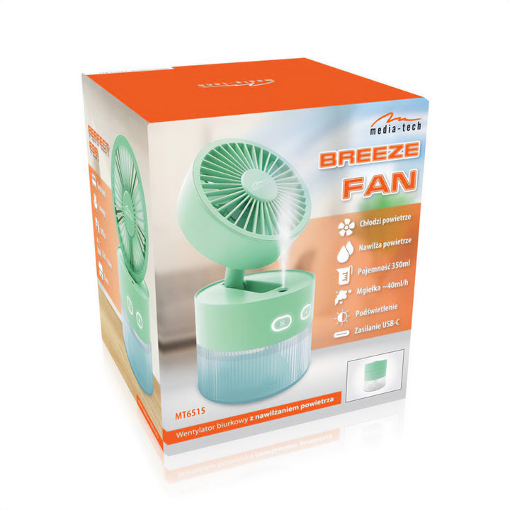 Asztali ventilátor levegő párásítással. Kapacitás 350ml. 40ml/h köd. USB-C tápegység.