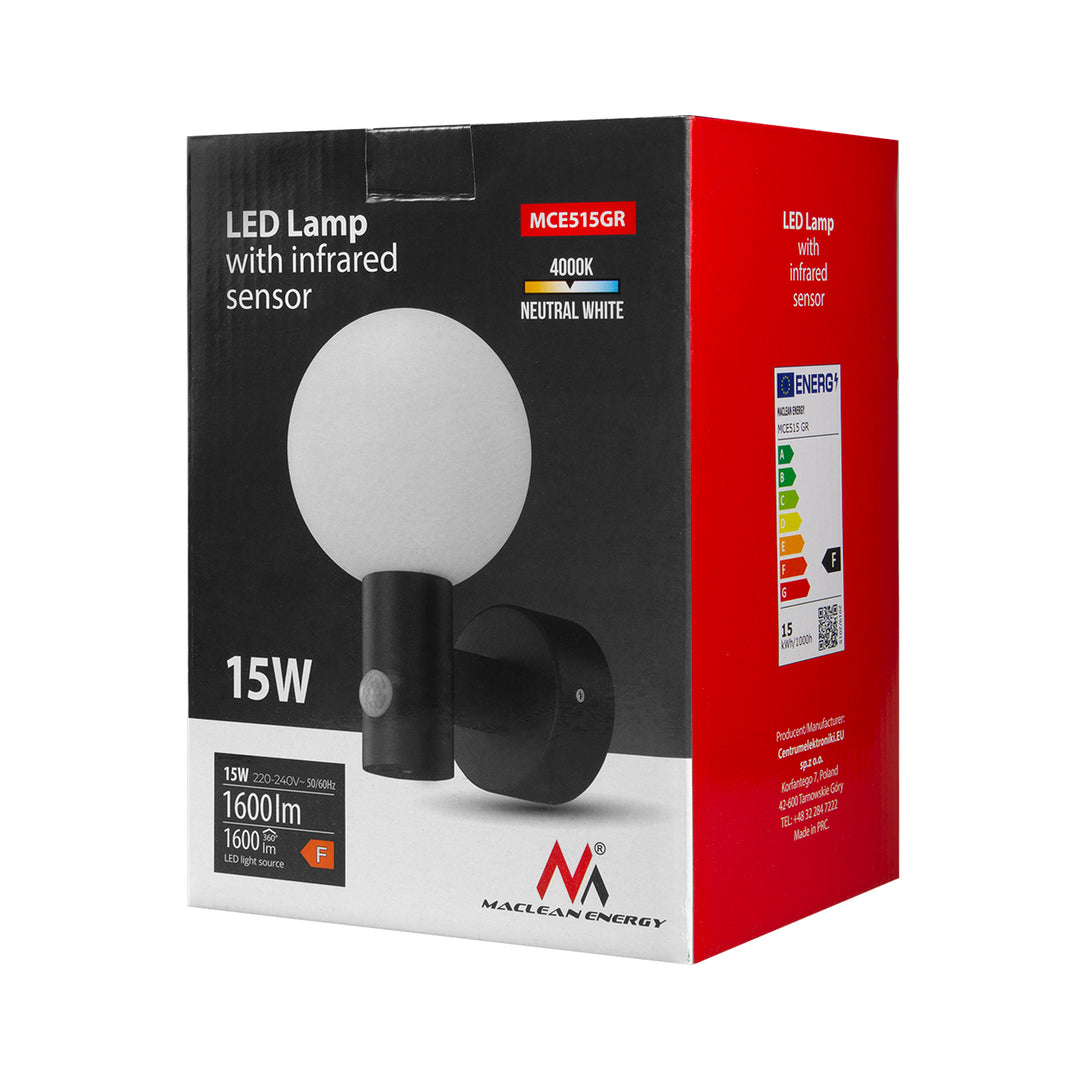 Maclean mozgásérzékelős LED lámpa, PIR mozgásérzékelő, szürke, 15W, IP65, 1600lm, semleges fehér (4000K) MCE515 GR, 2 db, 2 db