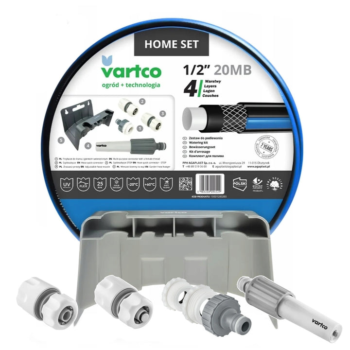 Vartco kerti szett, 1/2'' 20m tömlő, stop and go gyorscsatlakozó, csapcsatlakozó, locsoló, fali tartó, Home Set