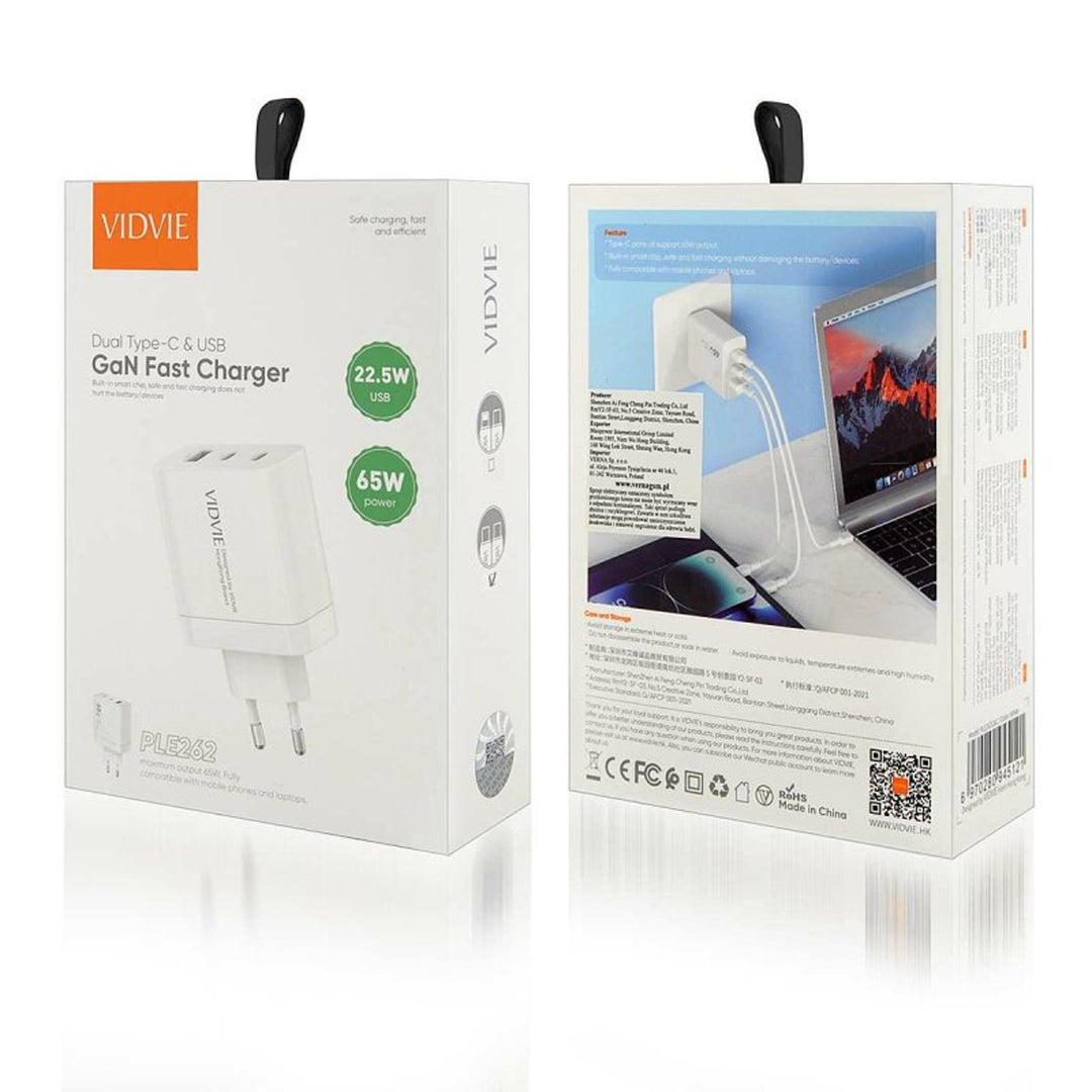 VIDVIE hálózati töltő, 3A, 65W, 2x USB-C, 1x USB, USB-C/USB-C kábel, PLE262