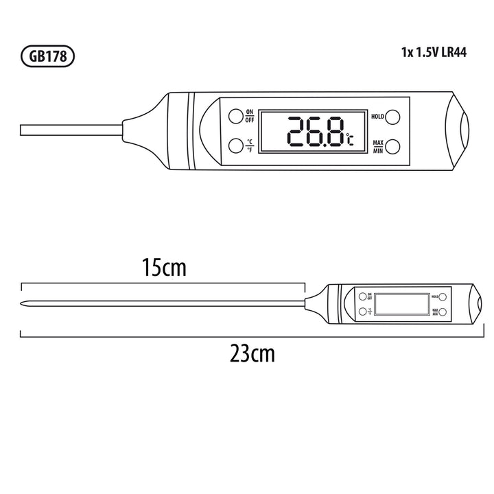 Élelmiszer hőmérő/szonda, zöldkék, szonda hossza 15 cm, hőmérséklet-tartomány -50°C és +300°C között, pontosság 0,1°C, GB178, 3 db.