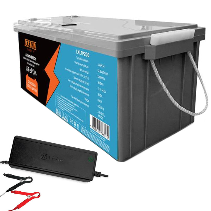 LiFePo4 Lexton lítium-vas-foszfát akkumulátor, BMS, 12.8V, 200Ah, LXLFP200 + LTC Energy LiFePO4 akkumulátor töltővel