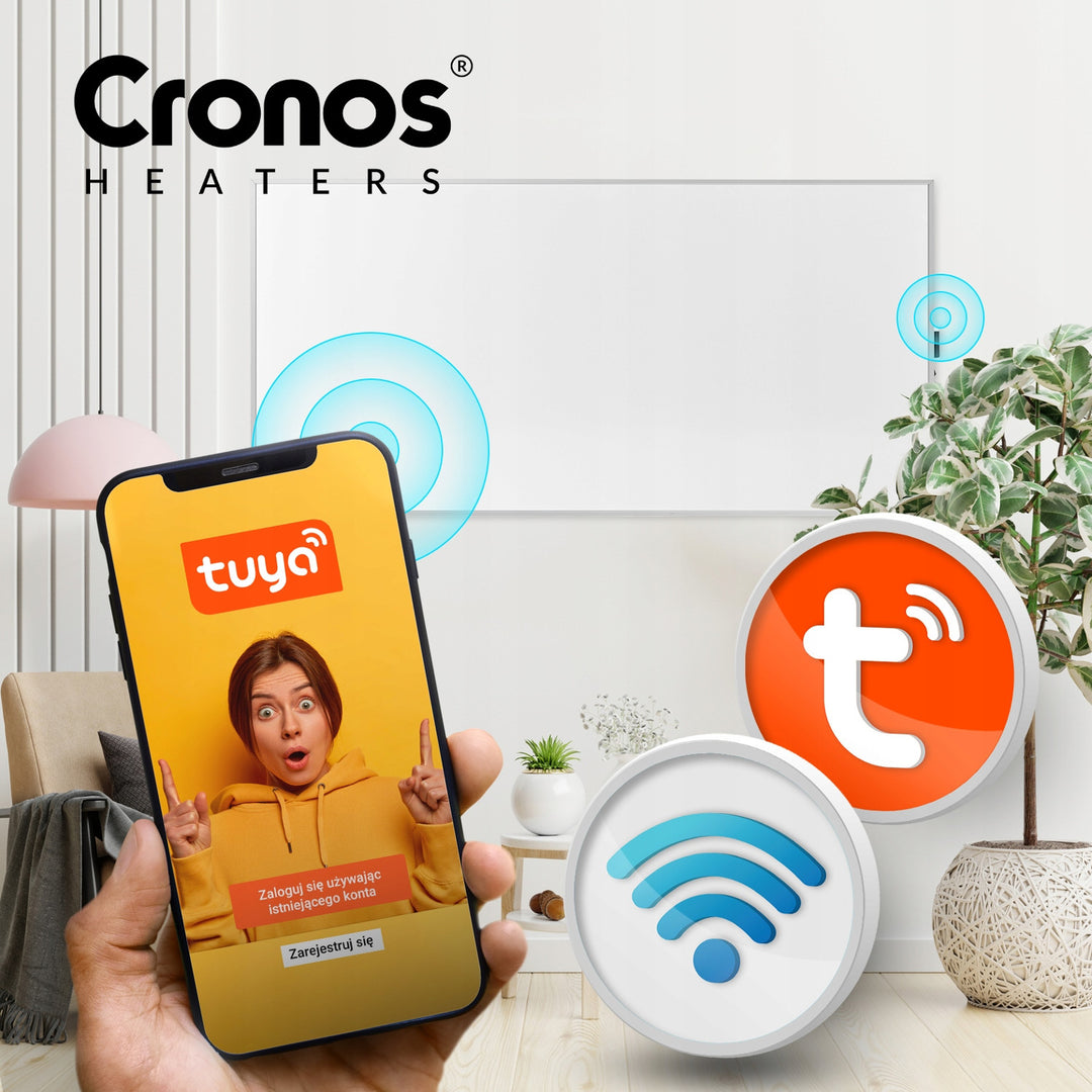 Cronos infravörös fűtőtest, 770W, okostelefon vezérlésű, beépített termosztát, 98%-os konverziós ráta, IP44 védelem, Synthelith PRO CRP-770TWP