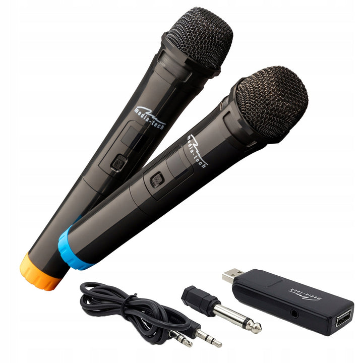 Két vezeték nélküli mikrofon USB-vevővel a karaoke funkcióval rendelkező hangszóróhoz, Mediatech MT395