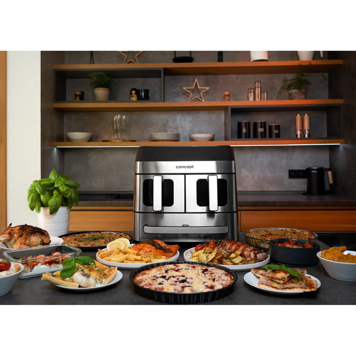 Concept zsiradék nélküli fritőz, 3 különálló fiók, szinkronizált sütés, 8 előre beállított program, FR9000