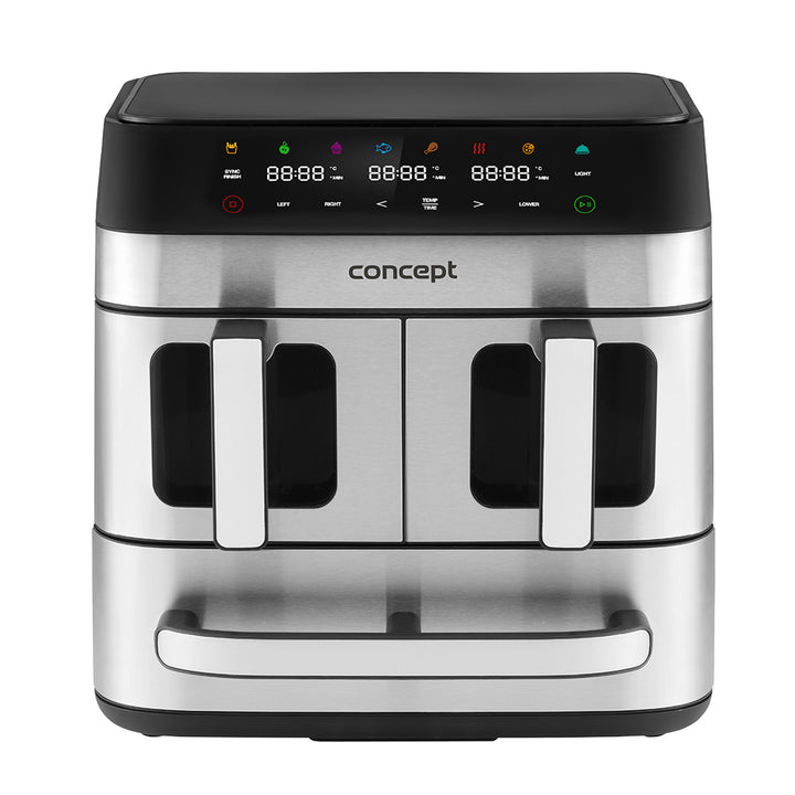 Concept zsiradék nélküli fritőz, 3 különálló fiók, szinkronizált sütés, 8 előre beállított program, FR9000