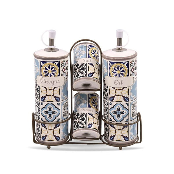 Holiday in Porto Maestro kerámia fűszerkészlet, 5 elemes, űrtartalom 2x100ml és 2x300ml, fém állvánnyal, MR-20005-04S