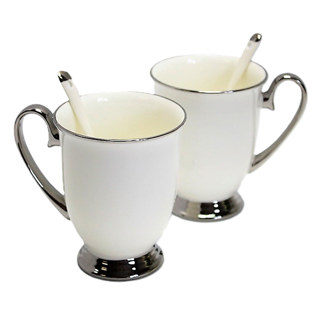Fehér bögrék 2db krómozott fogantyú, teáskanál, porcelán, Elegáns, Queen Isabel