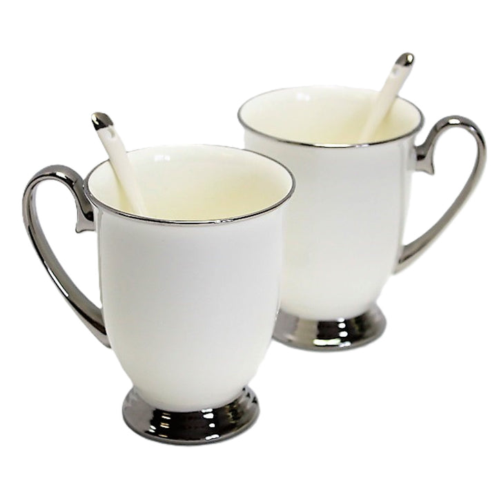 Fehér bögrék 2db krómozott fogantyú, teáskanál, porcelán, Elegáns, Queen Isabel
