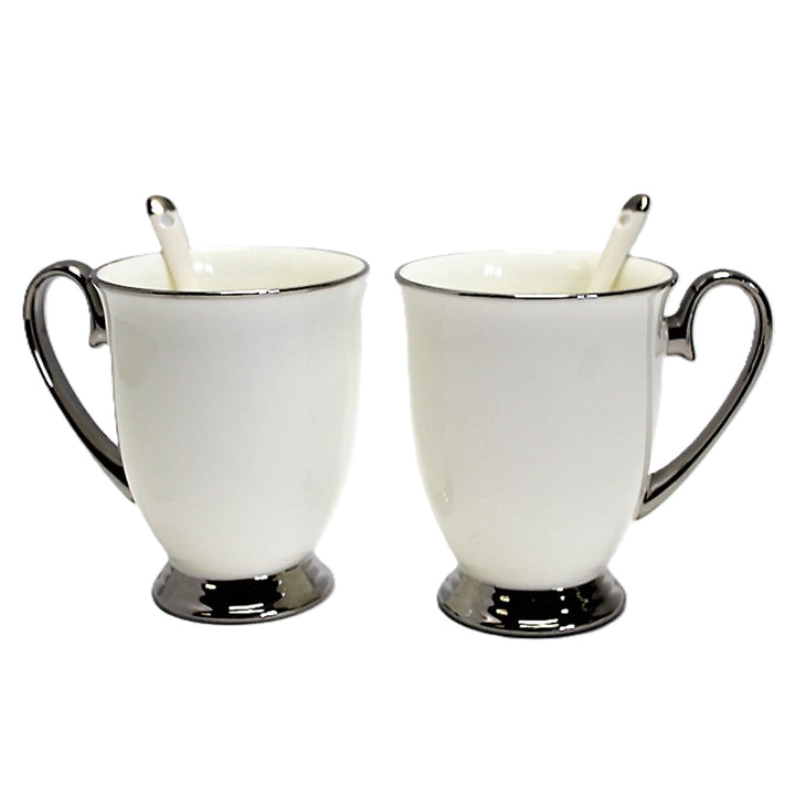 Fehér bögrék 2db krómozott fogantyú, teáskanál, porcelán, Elegáns, Queen Isabel