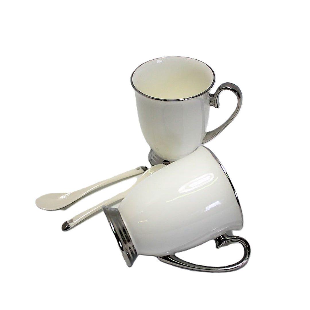 Fehér bögrék 2db krómozott fogantyú, teáskanál, porcelán, Elegáns, Queen Isabel