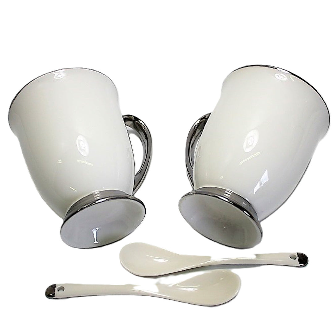 Fehér bögrék 2db krómozott fogantyú, teáskanál, porcelán, Elegáns, Queen Isabel