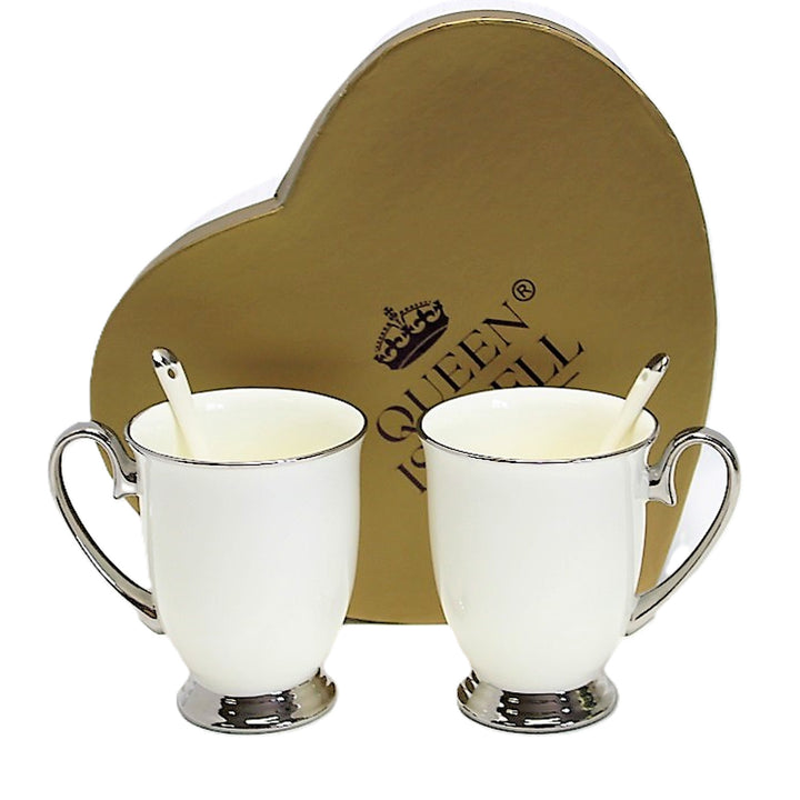 Fehér bögrék 2db krómozott fogantyú, teáskanál, porcelán, Elegáns, Queen Isabel