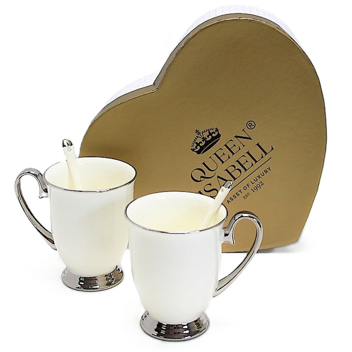 Fehér bögrék 2db krómozott fogantyú, teáskanál, porcelán, Elegáns, Queen Isabel