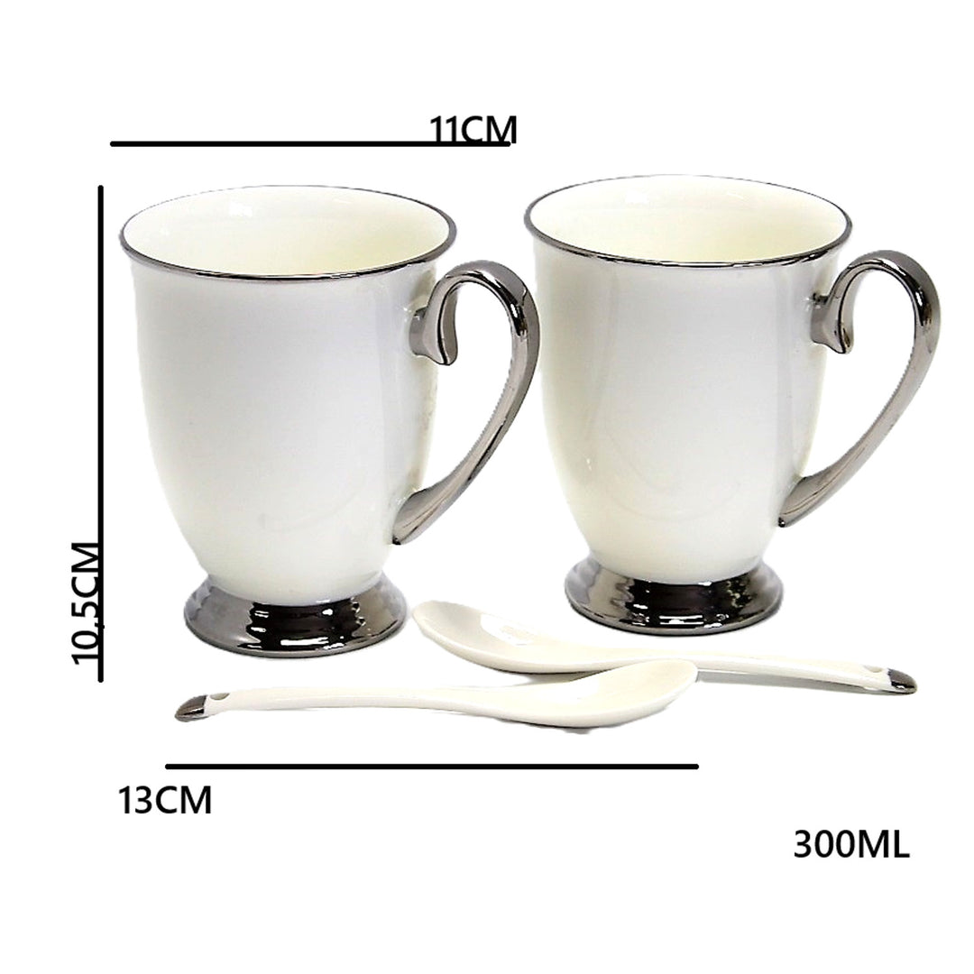 Fehér bögrék 2db krómozott fogantyú, teáskanál, porcelán, Elegáns, Queen Isabel