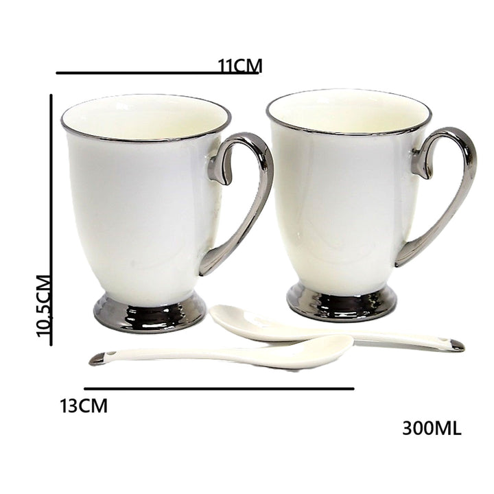 Fehér bögrék 2db krómozott fogantyú, teáskanál, porcelán, Elegáns, Queen Isabel