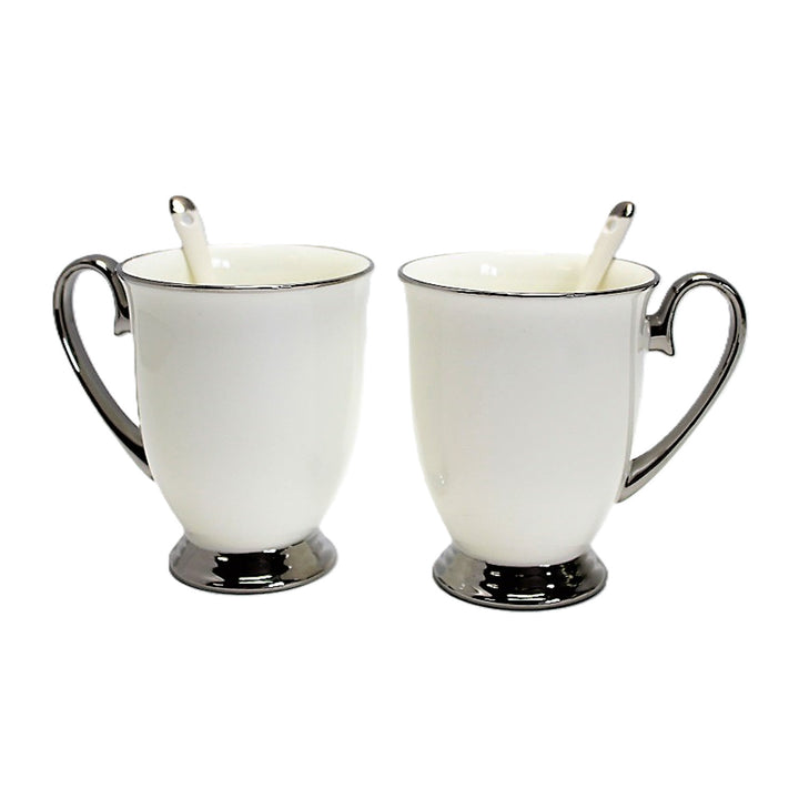 Fehér bögrék 2db krómozott fogantyú, teáskanál, porcelán, Elegáns, Queen Isabel