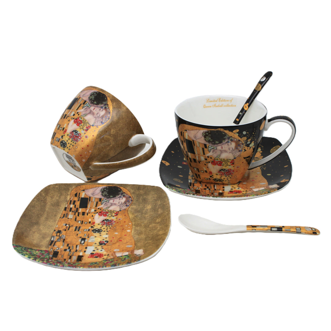 2 db Isabell királynő porcelán csésze, Klimt csók motívum, teáskanál, 250ml, W25KL60-2-19000