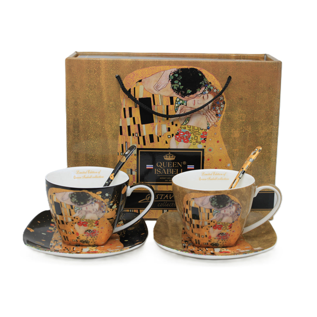 2 db Isabell királynő porcelán csésze, Klimt csók motívum, teáskanál, 250ml, W25KL60-2-19000