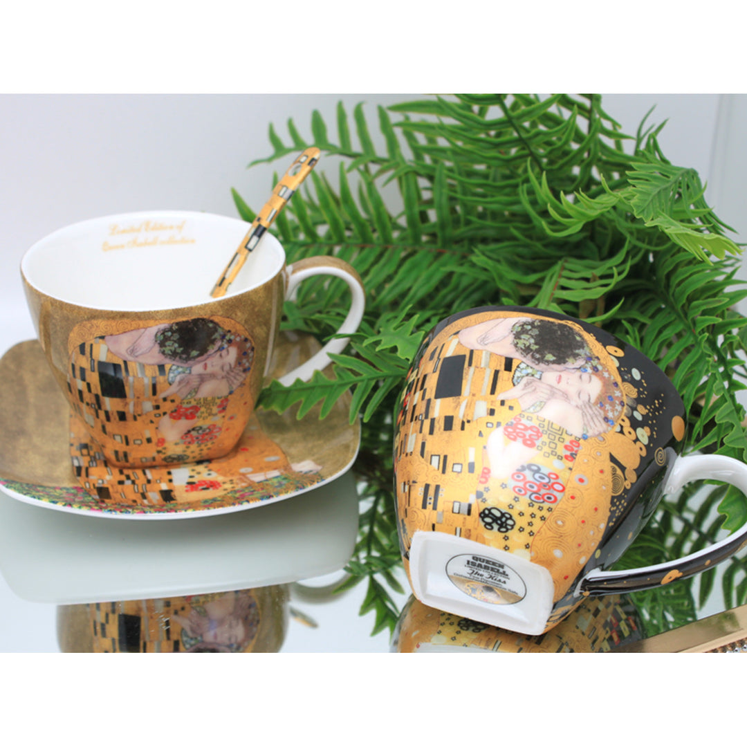 2 db Isabell királynő porcelán csésze, Klimt csók motívum, teáskanál, 250ml, W25KL60-2-19000