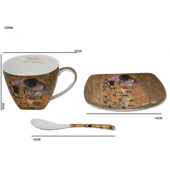 2 db Isabell királynő porcelán csésze, Klimt csók motívum, teáskanál, 250ml, W25KL60-2-19000