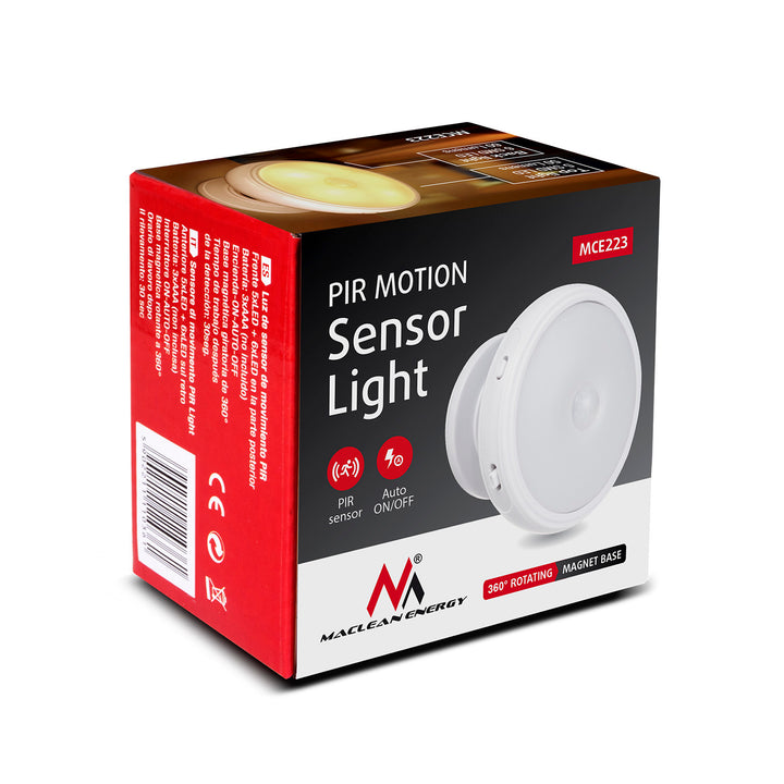 LED lámpa Maclean mozgásérzékelővel, mágnessel, háttérvilágítással, fénymódok: folyamatos, PIR érzékelő, 3xAA, MCE223 + 3 x Varta Industrial akkumulátorok.