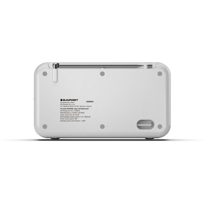 Blaupunkt hordozható rádió, DAB+ digitális rádió és FM tuner, Bluetooth, fejhallgató-kimenet, 2,4 hüvelykes színes kijelző, óra és ébresztő funkció, akkumulátorral működik és USB-C-n keresztül újratölthető, DR8WH