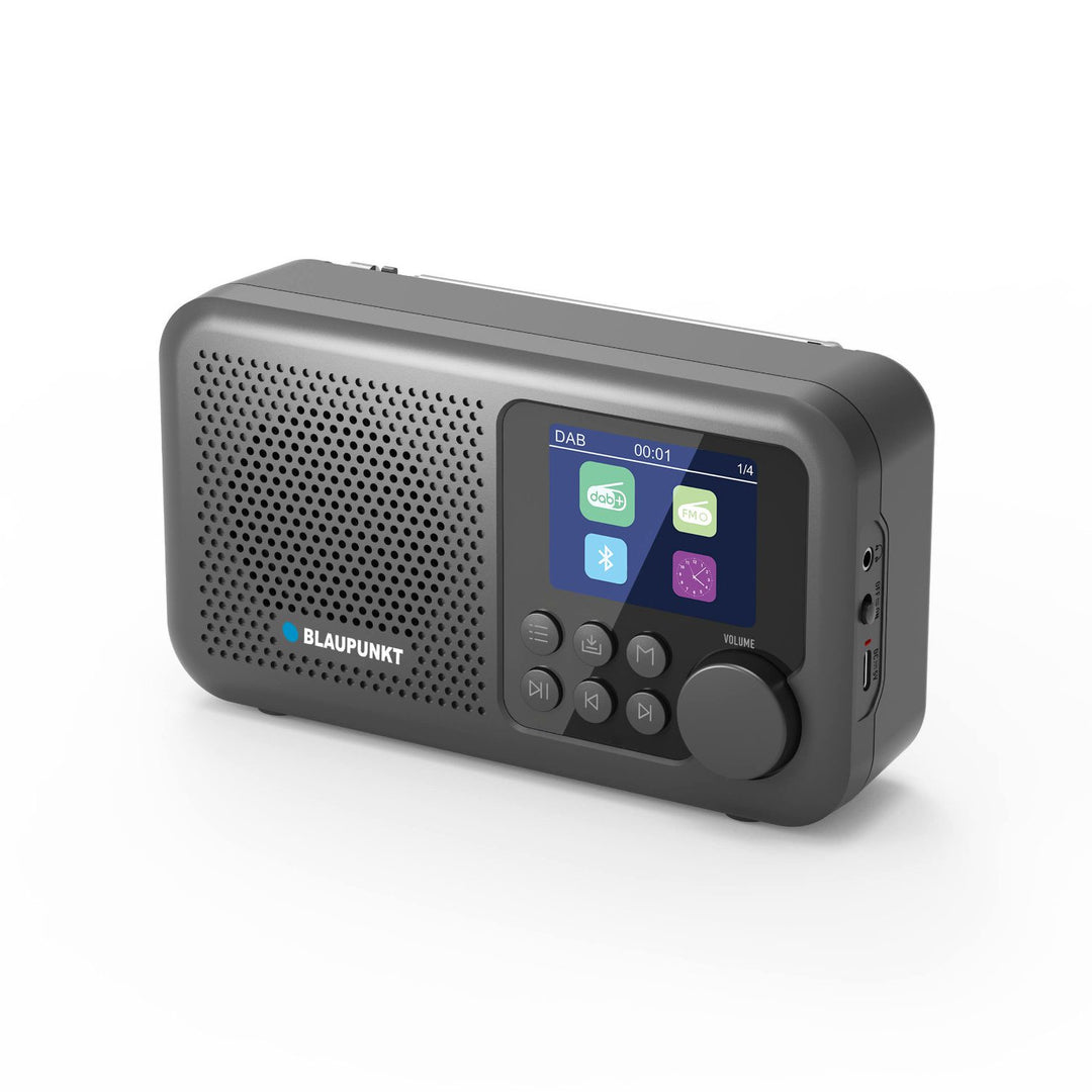 Blaupunkt hordozható rádió, DAB+ digitális rádió és FM tuner, Bluetooth, fejhallgató-kimenet, 2,4 hüvelykes színes kijelző, óra és ébresztő funkció, akkumulátorral működik és USB-C-n keresztül újratölthető, DR8BK