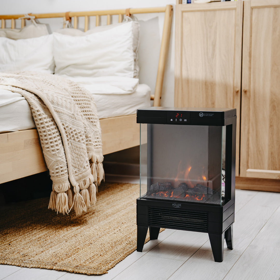 LED elektromos kandalló távirányítóval, 2 fűtési teljesítmény 1000W/2000W, termosztát, Adler AD 7755