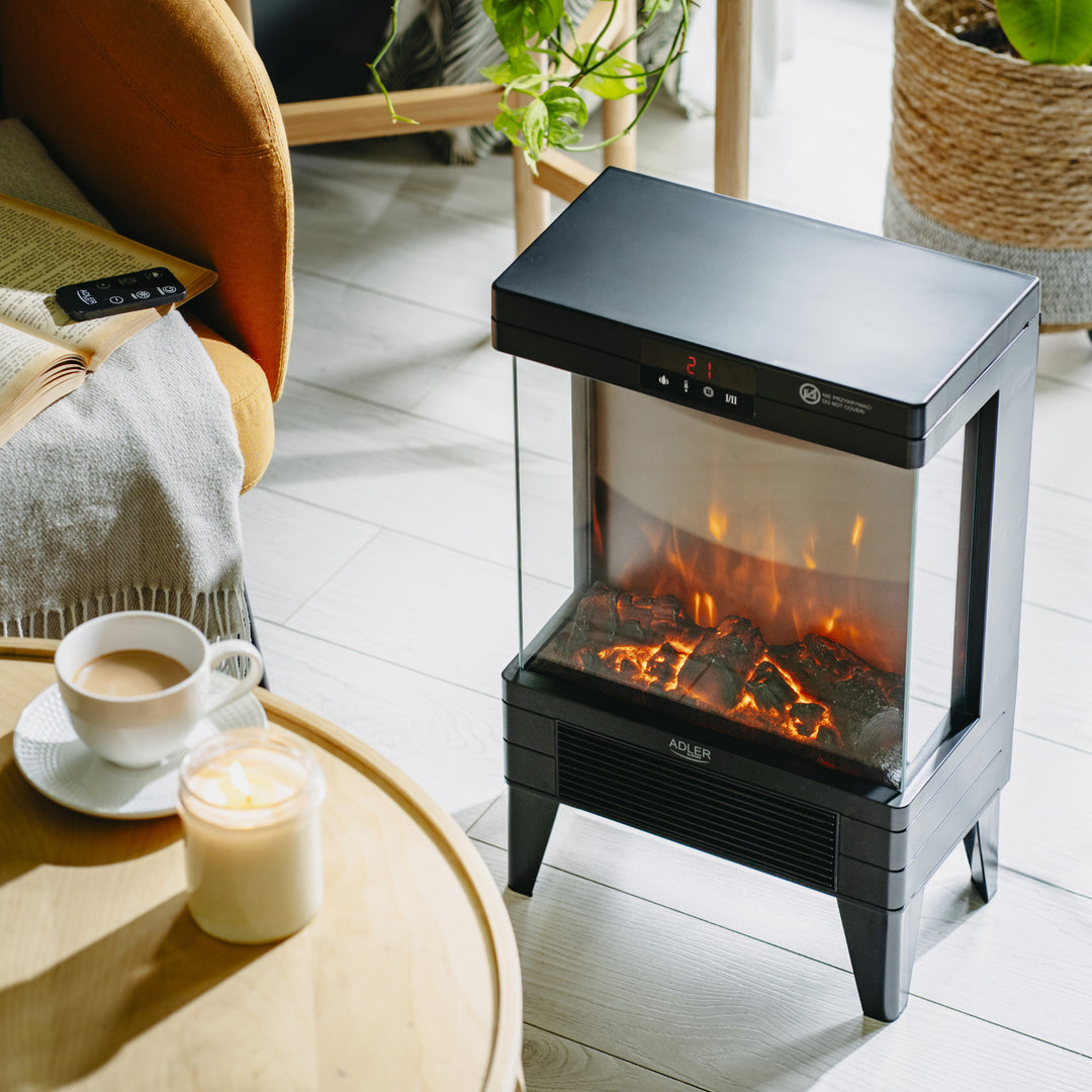 LED elektromos kandalló távirányítóval, 2 fűtési teljesítmény 1000W/2000W, termosztát, Adler AD 7755