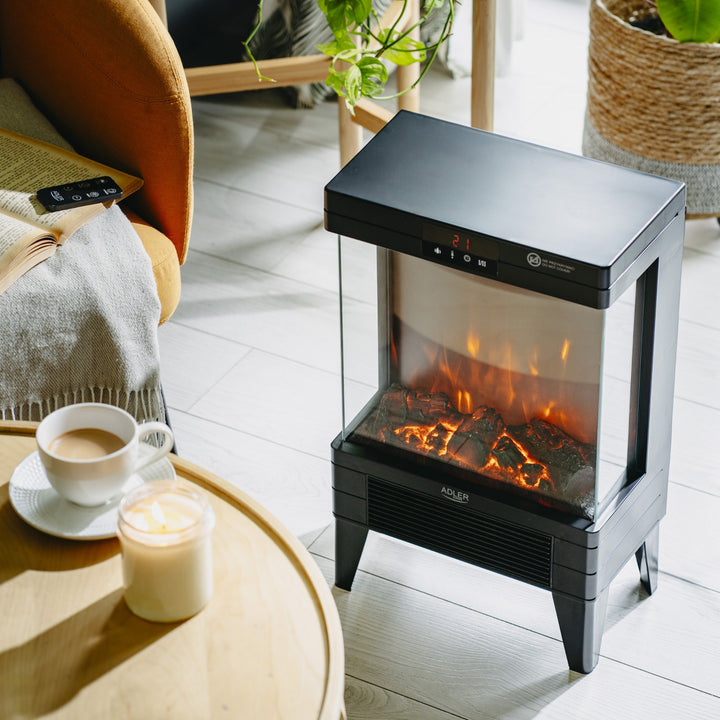 LED elektromos kandalló távirányítóval, 2 fűtési teljesítmény 1000W/2000W, termosztát, Adler AD 7755