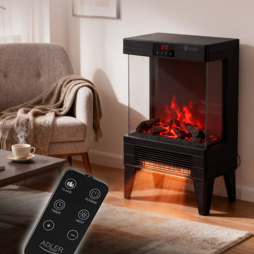 LED elektromos kandalló távirányítóval, 2 fűtési teljesítmény 1000W/2000W, termosztát, Adler AD 7755