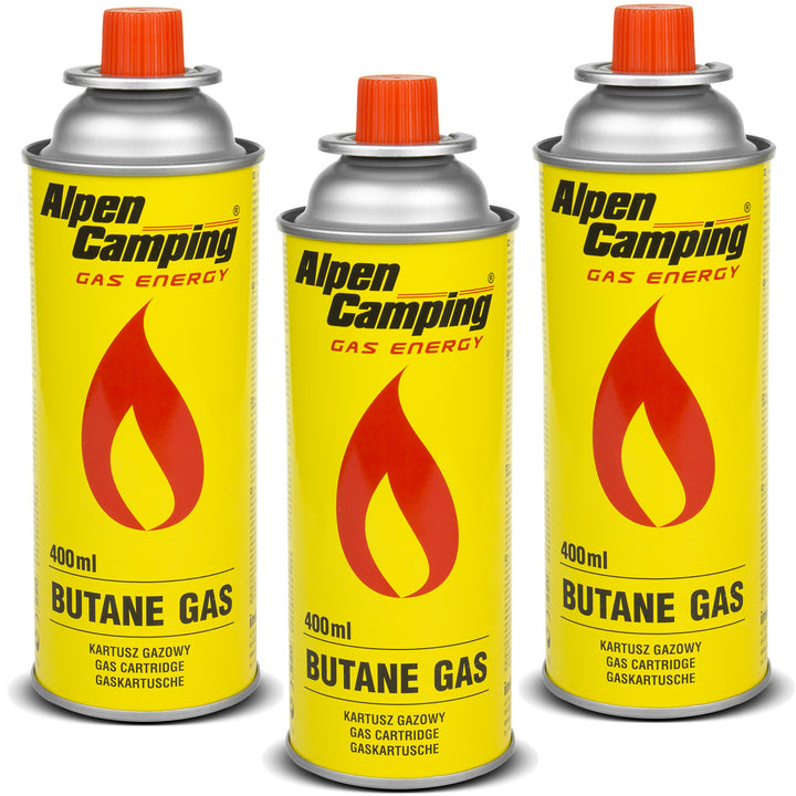 Gázpatron 400ml Alpen Camping. Tanúsítvány: Pi 0875, megfelel az EN417 szabványnak, izobután, működési tartomány -10°C és + 40°C között, IK004, 3 db.