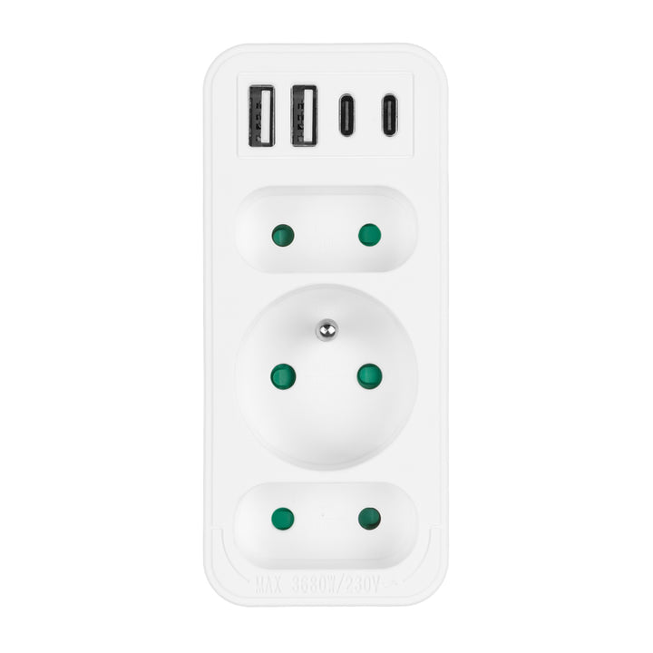 Áramkimenet x3 + 4xUSB Maclean, 3-aljzatos elosztó, 2xUSB A, 2xUSB C PD 20W, 1x16A + 2x6A, MCE248 F/W, 2 db.