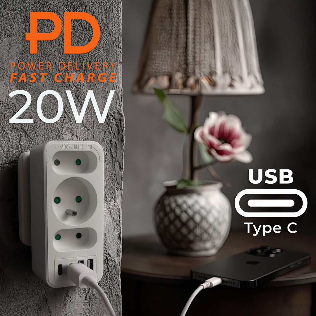 Áramkimenet x3 + 4xUSB Maclean, 3-aljzatos elosztó, 2xUSB A, 2xUSB C PD 20W, 1x16A + 2x6A, MCE248 F/W, 2 db.