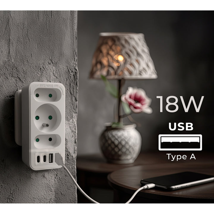 Áramkimenet x3 + 4xUSB Maclean, 3-aljzatos elosztó, 2xUSB A, 2xUSB C PD 20W, 1x16A + 2x6A, MCE248 F/W, 2 db.