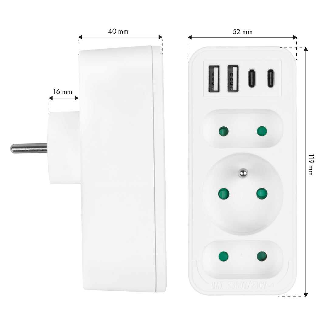 Áramkimenet x3 + 4xUSB Maclean, 3-aljzatos elosztó, 2xUSB A, 2xUSB C PD 20W, 1x16A + 2x6A, MCE248 F/W, 3 db.