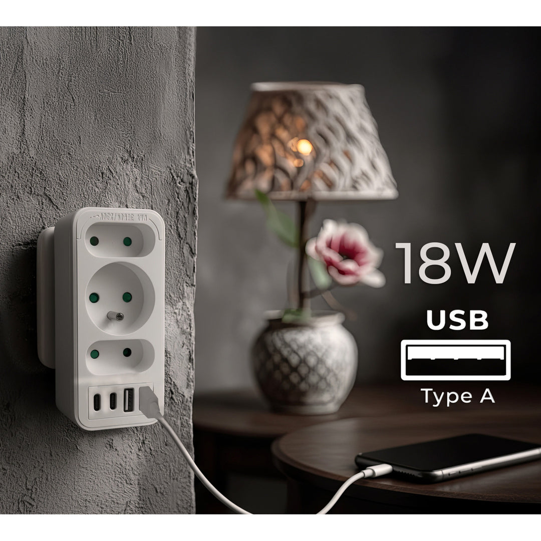 Áramkimenet x3 + 4xUSB Maclean, 3-aljzatos elosztó, 2xUSB A, 2xUSB C PD 20W, 1x16A + 2x6A, MCE248 F/W, 3 db.