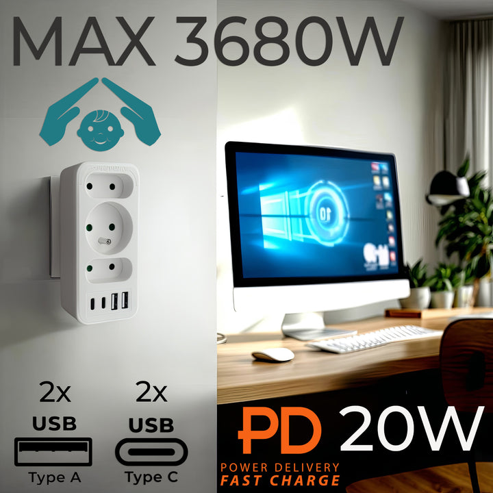 Áramkimenet x3 + 4xUSB Maclean, 3-aljzatos elosztó, 2xUSB A, 2xUSB C PD 20W, 1x16A + 2x6A, MCE248 F/W, 3 db.