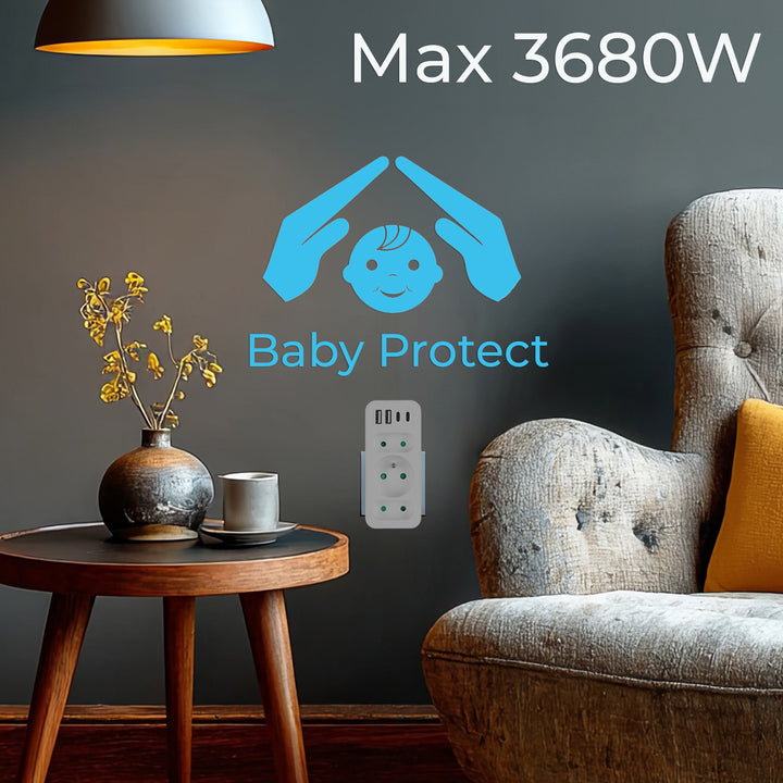 Áramkimenet x3 + 4xUSB Maclean, 3-aljzatos elosztó, 2xUSB A, 2xUSB C PD 20W, 1x16A + 2x6A, MCE248 F/W, 3 db.