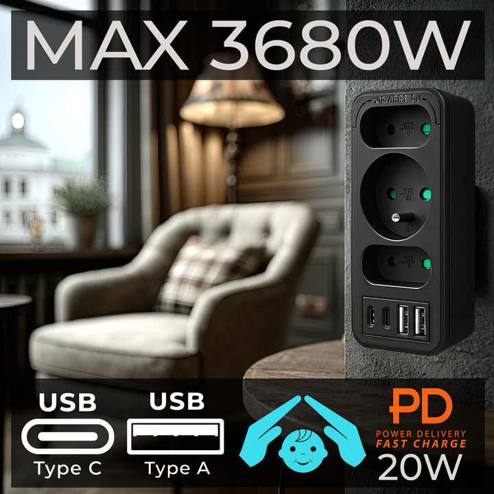 Áramkimenet x3 + 4xUSB Maclean, 3-aljzatos elosztó, 2xUSB A, 2xUSB C PD 20W, 1x16A + 2x6A, MCE248 F/B, 3 db.